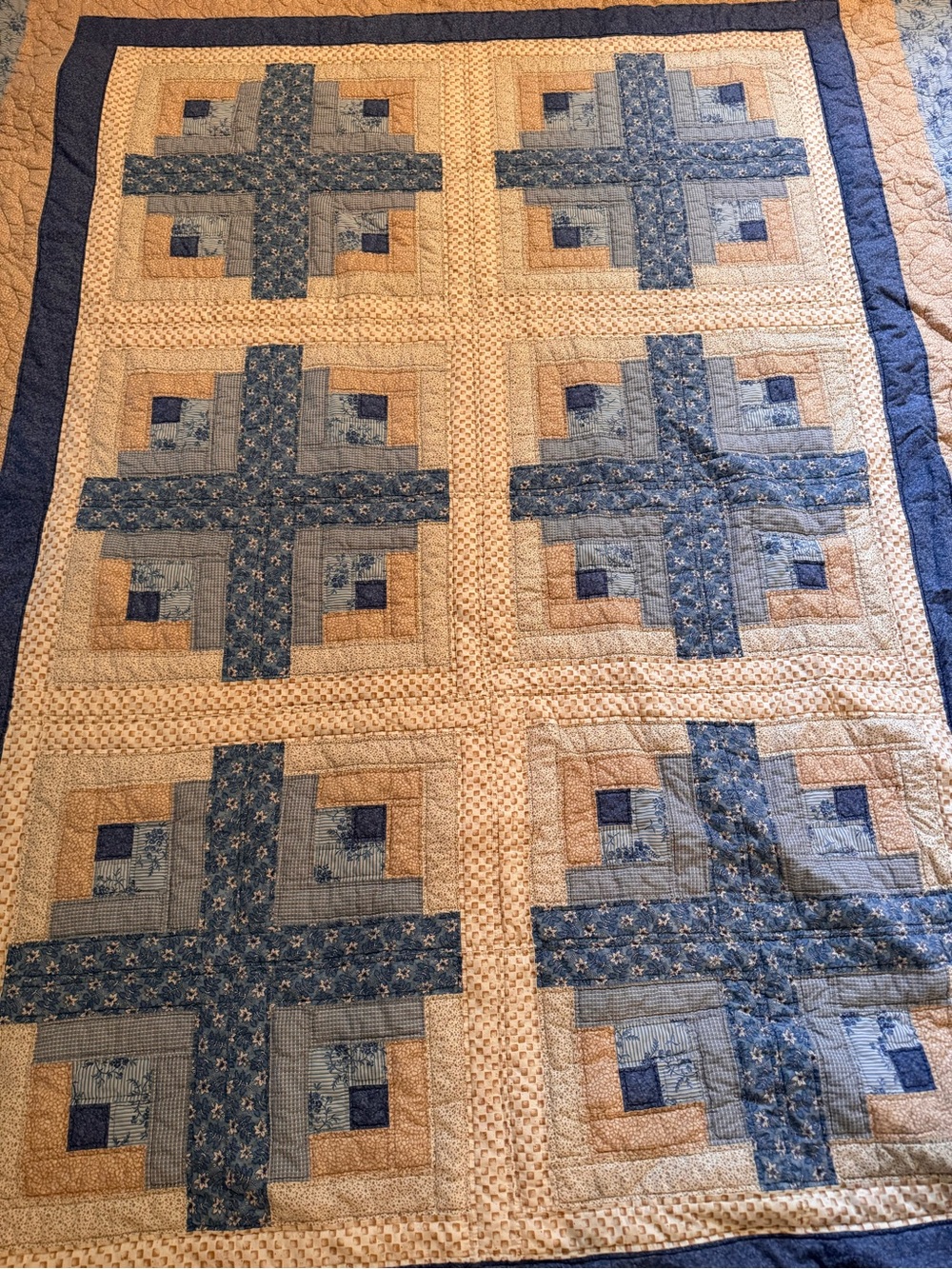 Handmade Log Cabin pattern quilt with blue and tan fabrics - Picture 3 of 16